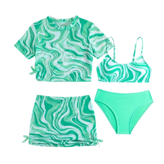 MuXiKeJi Clothes Girls Swimsuit Solid Ribbed 3 Piece Bikini Tropical Floral Bathing Suit for Girls Modest Swimwear with Cover Up 9-16y