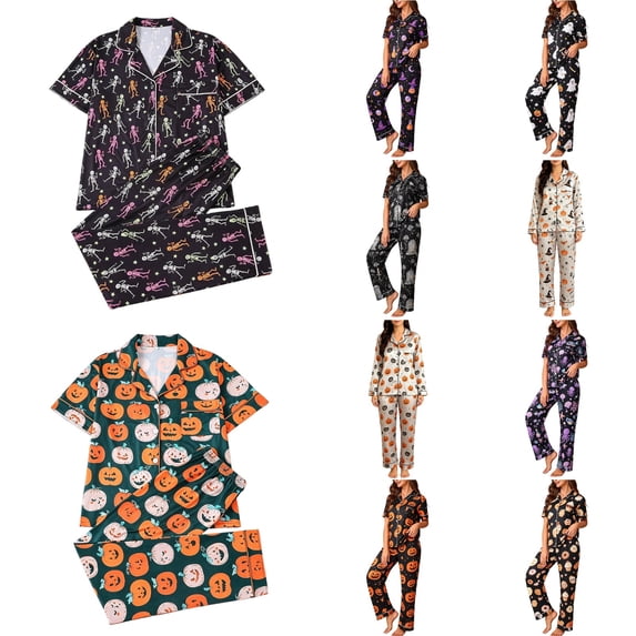 MuXiKeJi Clothes Halloween Pajamas Women Fall Silk Soft 2 Piece Pj Sets Plus Size Cute Ghost Pumpkin Short Sleeve Top with Long Pants,Halloween Pajama Set,Women'S Pajama Sets