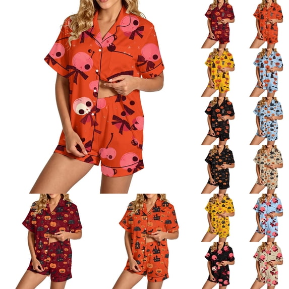 MuXiKeJi Clothes Halloween Pajamas Women,Halloween Pajama Women Set Ghost Pumpkin Print Short Sleeve Button Shirts Matching Shorts Set Cute Plus Size Pjs,Women Halloween pjs