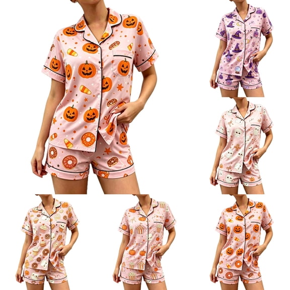 MuXiKeJi Clothes Halloween Pajamas Women Pumpkin Skeleton Witch Ghost Printed Cute Costumes Short Sleeve Matching Shorts Sleepwear Set,Womens Silk Halloween Sleep pjs