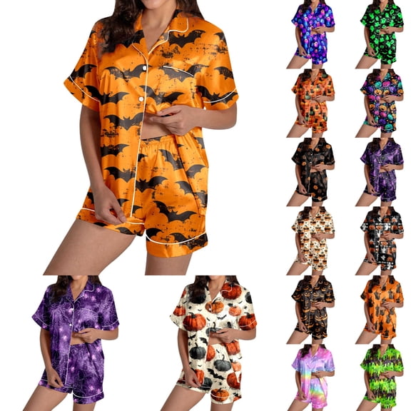 MuXiKeJi Clothes Halloween Pajamas Women Pumpkin Skeleton Witch Ghost Printed Cute Costumes Short Sleeve Matching Shorts Sleepwear Set,Womens Silk Halloween Sleep pjs