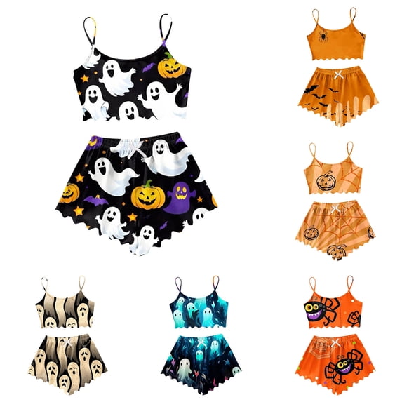 MuXiKeJi Clothes Halloween Pajamas Women Sleepwear Cute Matching Couples Spooky Skeleton Pjs Lettuce Trim Cami And Shorts Pajama Set