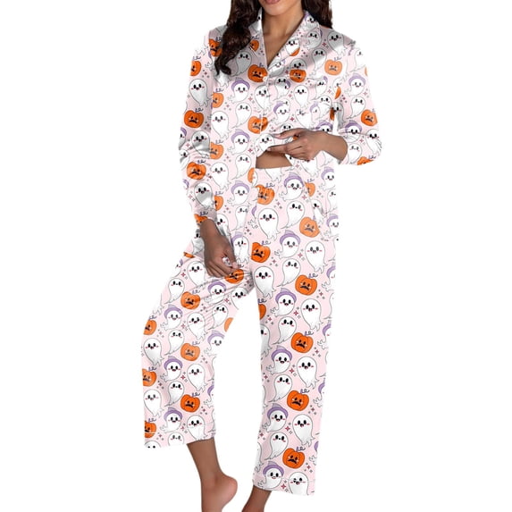MuXiKeJi Clothes Halloween Pattern Printed Long Sleeve Two Piece Pajama Set, Soft Breathable Daily Sleep Loungewear Indoor Night Outfit Women Long Sleeve Sleepwear Pajama Set