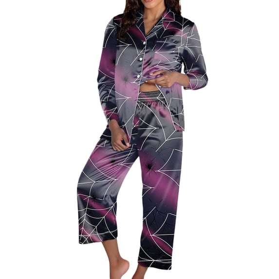 MuXiKeJi Clothes Halloween Pattern Printed Long Sleeve Two Piece Pajama Set, Soft Breathable Daily Sleep Loungewear Indoor Night Outfit Women Long Sleeve Sleepwear Pajama Set