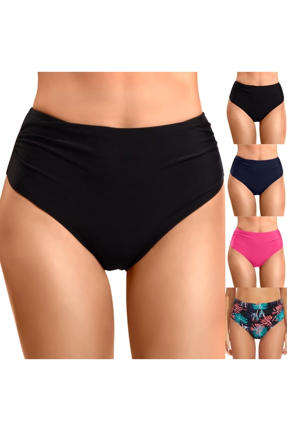 High Waisted Bikini Bottoms for Women - Tummy Control Ruched Triangle Swim Bottom, Bathing Suit Beach Pool Swimwear