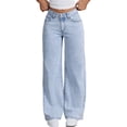 thumbnail image 1 of MuXiKeJi Clothes High Waisted Flared Denim Jeans For Teen Girls Featuring Embroidered Back Pockets And Snowflake Wash Distressed Wide Leg Casual Fashion Trousers,Back To School, 1 of 8