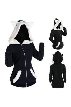 Hoodies for Women Plus Size Color Patchwork Fuzzy Cat Ears Hooded Sweater Long Sleeve Relaxed Fit Soft Knit Fabric Daily Casual Outfit Hooded Sweatshirt for Women
