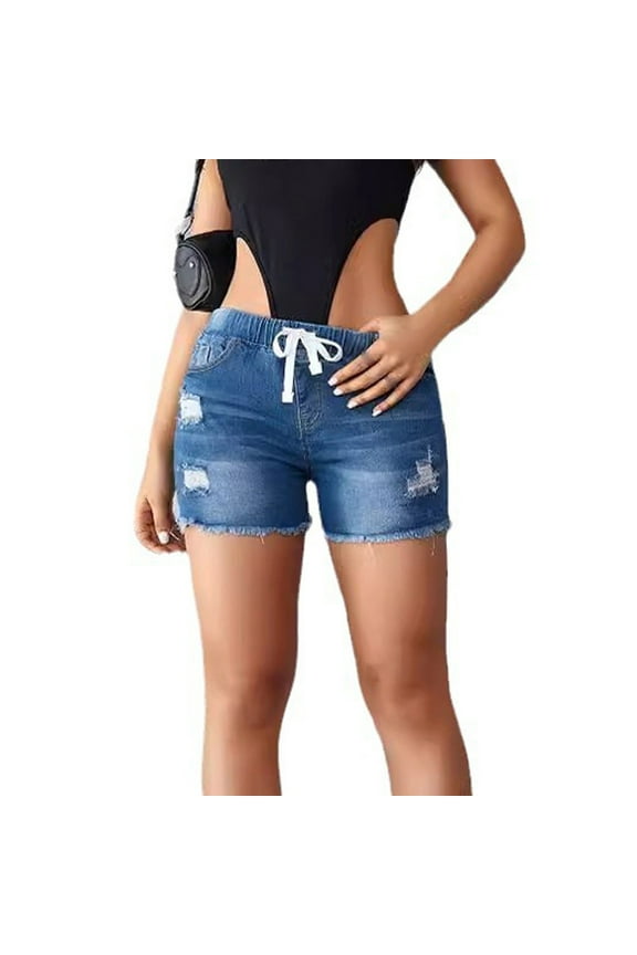 Jean Shorts for Women Casual Mid-Waisted Distressed Stretchy Denim Short Ripped Frayed Hem Summer Jorts