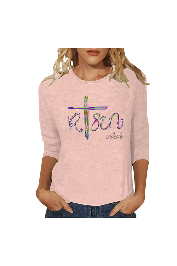Kids Easter Shirts Womens Easter Day Cartoon Rabbit 3/4 Sleeve T Shirts Crew Neck Fashion Blouse Basic Workout Clothes