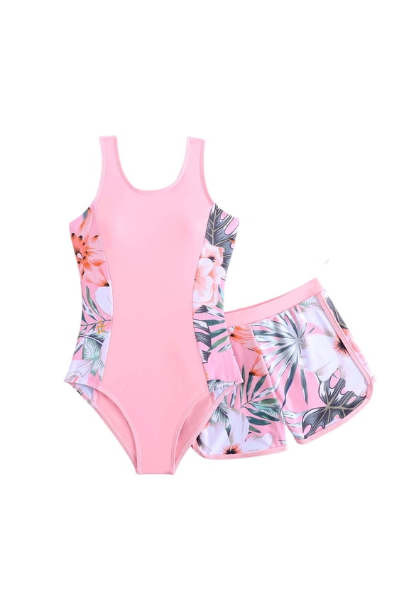 Kids Girls Swimsuit One Piece Bathing Suit with Tropical Print Shorts Adjustable Strap Swimwear for Size 9-16