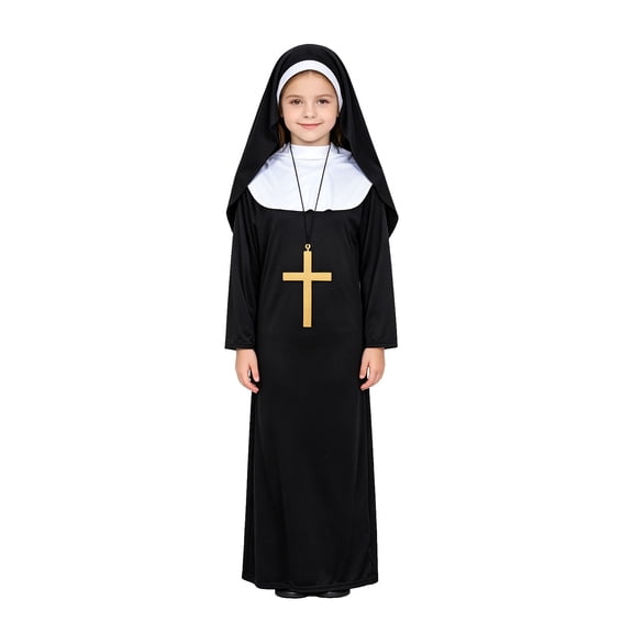 MuXiKeJi Clothes Kids Nun Children Halloween Sister Habit Robe With Headpiece Cross Pendant | Girls Boys Religious Cosplay for School Play Halloween Party Stage Show 120-150