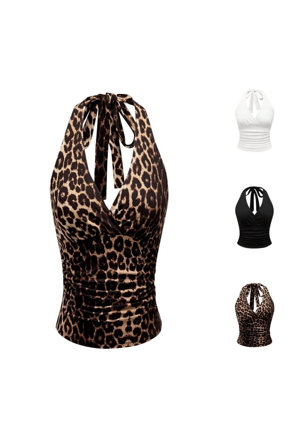 Leopard Print Top Women Y2k Trendy Ruched Halter V Neck Tie Back Sleeveless Slim Fit Cropped Tops for Going Out
