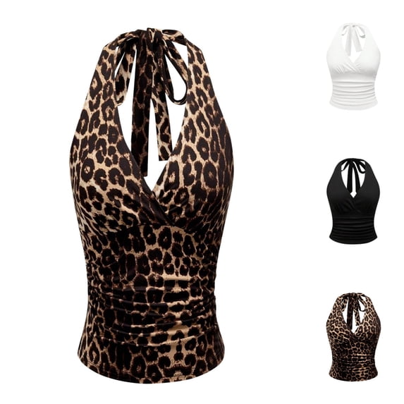 MuXiKeJi Clothes Leopard Print Top Women Y2k Trendy Ruched Halter V Neck Tie Back Sleeveless Slim Fit Cropped Tops for Going Out