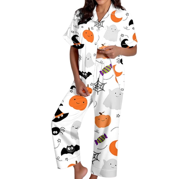 MuXiKeJi Clothes Lightweight Halloween Pattern Two Piece Pajama Set, Short Sleeve Long Pant Matching Outfit, Soft Skin Friendly Loungewear Daily Night Sleepwear Women Casual Pajama Set