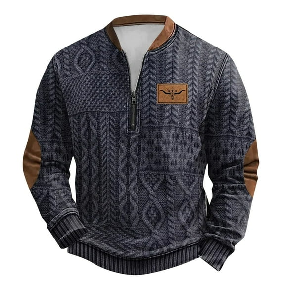 MuXiKeJi Clothes Male Knit Zipper Long Sleeve Printed Collarless Hoodless Sweatshirt Sweater