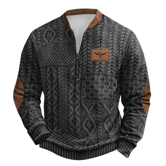 MuXiKeJi Clothes Male Knit Zipper Long Sleeve Printed Collarless Hoodless Sweatshirt Sweater
