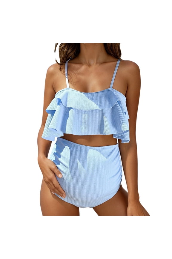Maternity High Waist Swimsuit Ruffle Hem Bikini Bathing Suit Shirred Bandeau Two Piece Pregnancy Swimwear