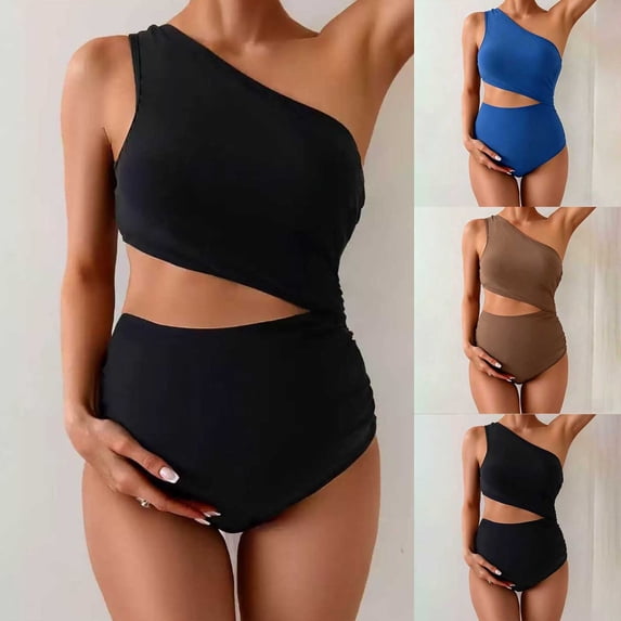 MuXiKeJi Clothes Maternity Swimsuit One Piece One Shoulder Ribbed Pregnancy Bathing Suit
