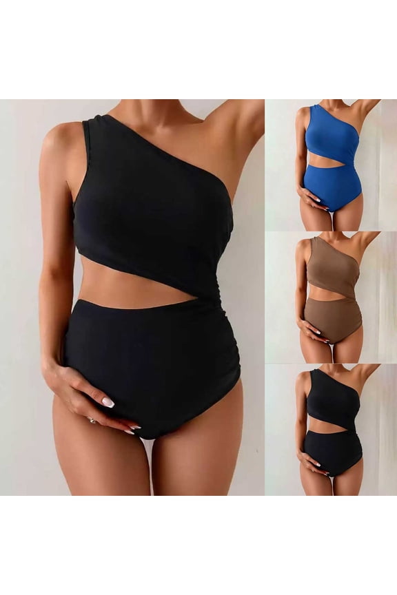 Maternity Swimsuit One Piece One Shoulder Ribbed Pregnancy Bathing Suit