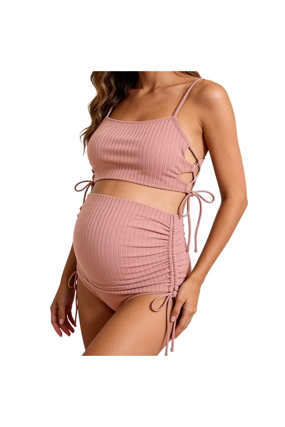 Maternity Swimsuit Ruffle V Neck Striped One Piece Bathing Suit Beach Pool Backless Lace Up Casual Pregnancy Swimwear