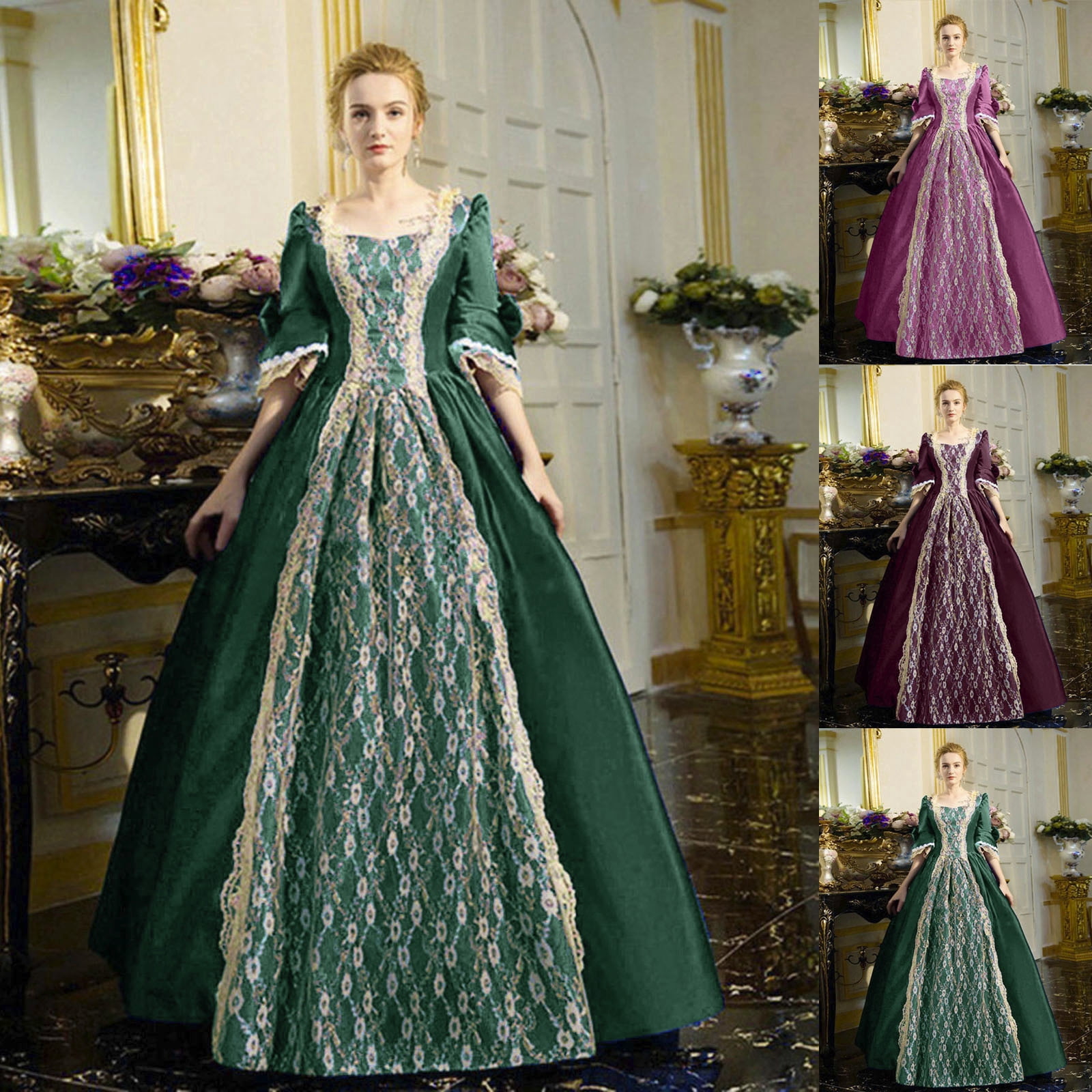 Yellow Renaissance Dresses MuXiKeJi Clothes Renaissance Dress Women Pink Green Lace Trumpet Sleeve ...
