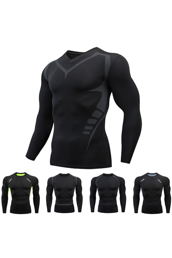Men's Compression Long Sleeve T-Shirt with Gray Line Pattern Breathable Workout Top for Gym Running