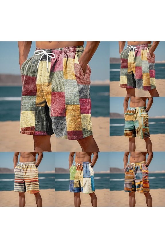 Mens Linen Plaid Bermuda Shorts Ethnic Pattern Jogger Shorts Summer Straight Drawstring Beach Short with Pockets