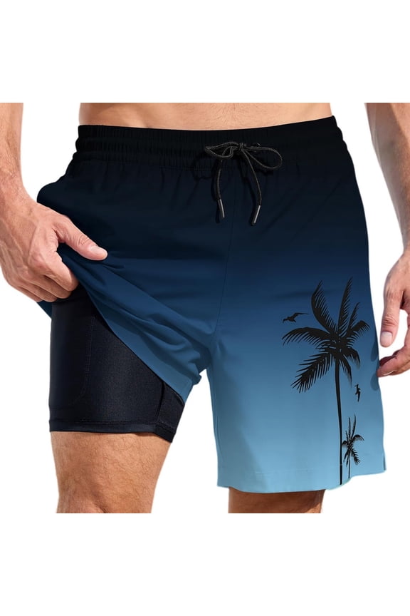 Mens Swim Trunks with Compression Liner 2 in 1 Drawstring Elastic Waisted Swim Trunks Beach Travel Bathing Suit