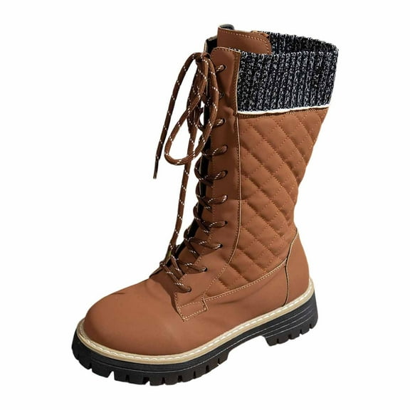MuXiKeJi Clothes Mid Calf Winter Boots with Knit Round Toe Design Lace Up Riding Style Warm Non Outdoor Footwear for Women