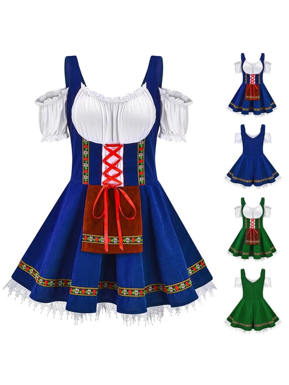 Oktoberfest Dress Women German Girl Bavarian Dirndl Lace Up Mini Dress | Halloween Festival Maid Outfit for Party Carnival Stage Show Blue Green S-4XL