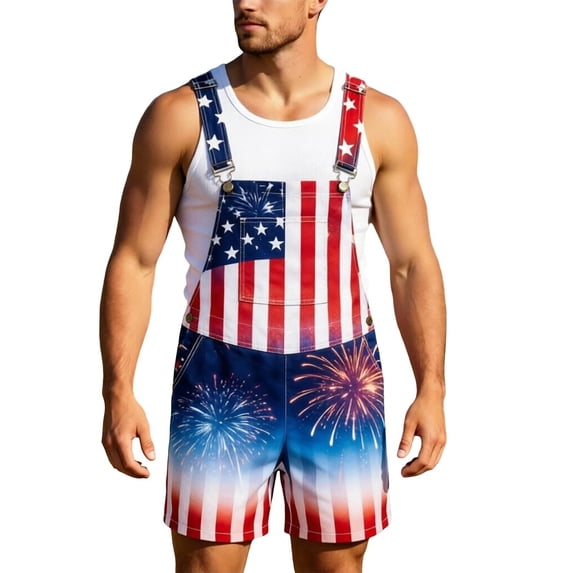 MuXiKeJi Clothes Overalls for Men American Flag 4th Of July Outfits Romper Shorts Coveralls Patriotic Shorts Soft Jumpsuit Summer Button Denim Bib Outfits
