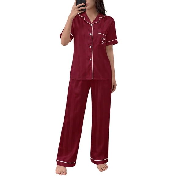 MuXiKeJi Clothes Satin Pajama Set for Women Valentines Pajamas Heart Pjs Short Sleeve Sleepwear 2 Piece Button Down Pjs