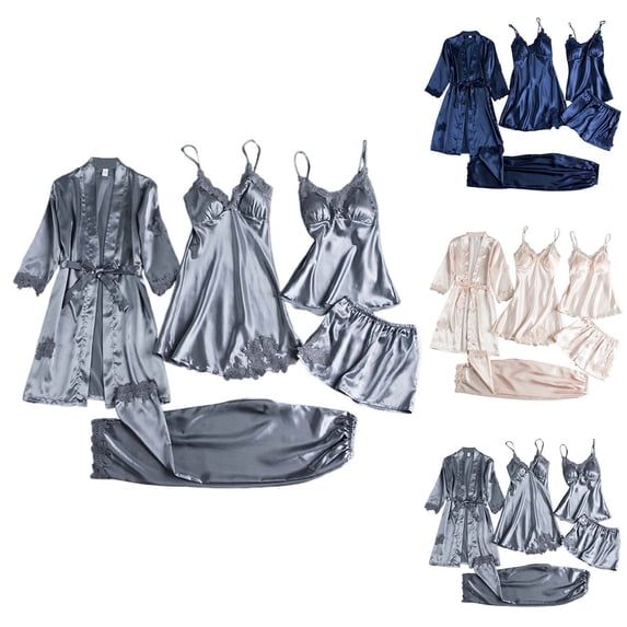 MuXiKeJi Clothes Silk Pajamas For Women Set With Robe Satin 5pcs Floral Lace Cami Sleepwear Pajamas Dress Nightdress Nightwear