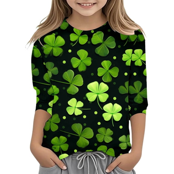MuXiKeJi Clothes St Patrick's Day Themed Quarter Sleeve Graphic Print Top for Girls Children's Apparel