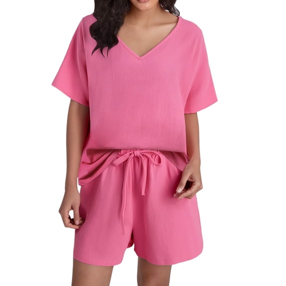 MuXiKeJi Clothes Trendy Women's 2 Piece Matching Short Sets Summer Henley Neck Slightly Crop Top Wide Leg Pants Casual Sweat Suit