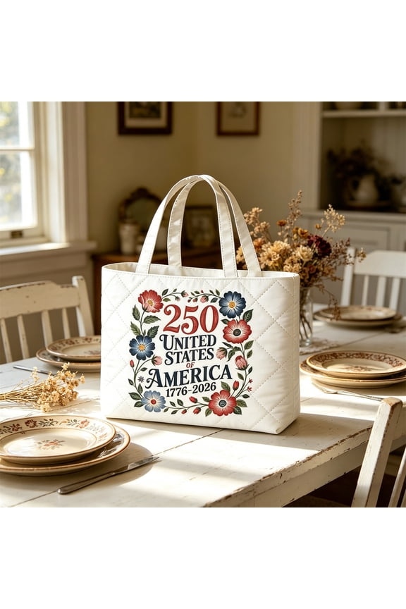 USA Flag Tote Bag, America Patriotic Gift Stars & Stripes 250 Years American Flag Purse Large Quilted Tote 4th Of July Daily