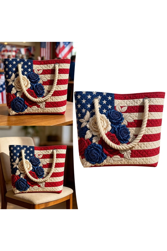 USA Flag Tote Bag, America Patriotic Gift Stars & Stripes 250 Years American Flag Purse Large Quilted Tote 4th Of July Daily