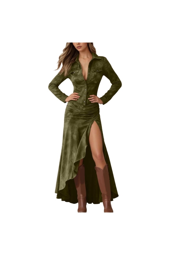 Western Style Elegant Maxi Dress with Long Sleeves High Neck and Front Zipper Detail for Women