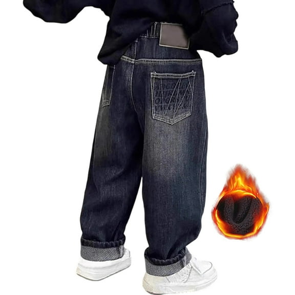 MuXiKeJi Clothes Winter Warm Lined Baggy Jeans for Boys with Elastic Waist and Multiple Cargo Pockets Comfortable Wide Leg Denim Trousers