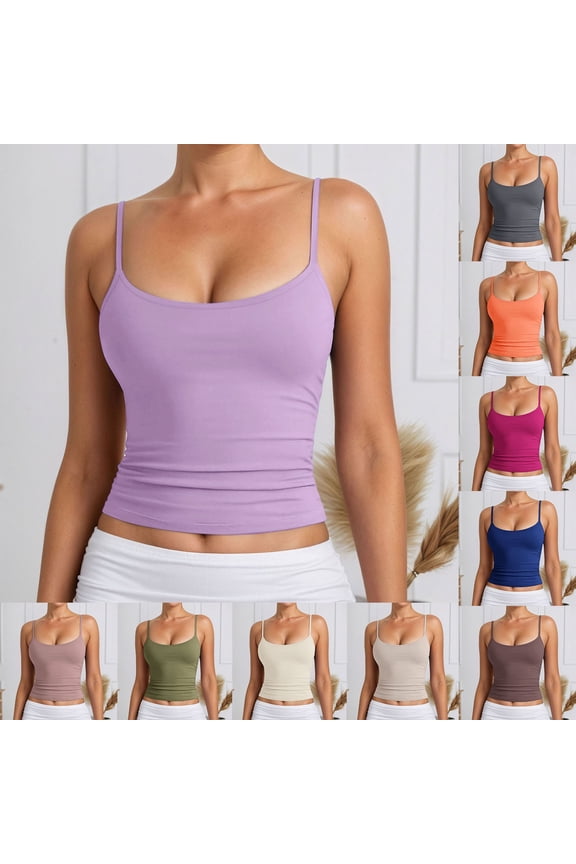 Women's Basic Double Lined Scoop Neck Tank Tops Adjustable Cami Tank Summer Sleeveless Tops