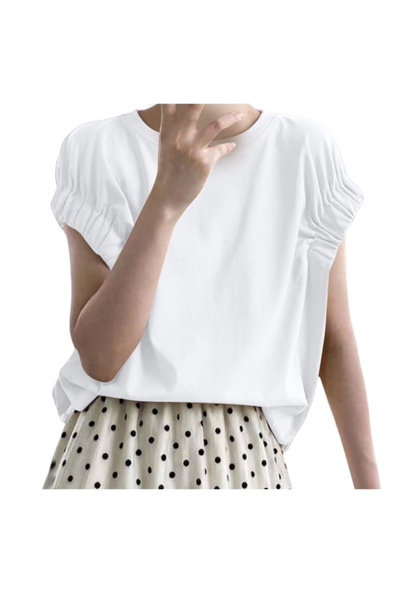 Women’s Blouses Summer Solid Color Shirt Short-Sleeve T-Shirt Tops Round Neck Fashion Blouse Trendy Work Clothes
