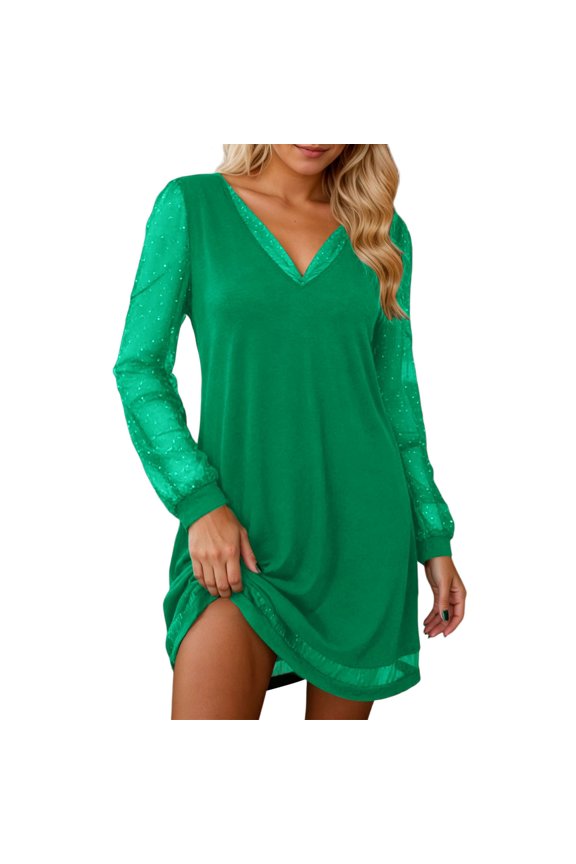 Women's Fashion Patchwork Mesh Sleeve Collar Elegant Casual Dress