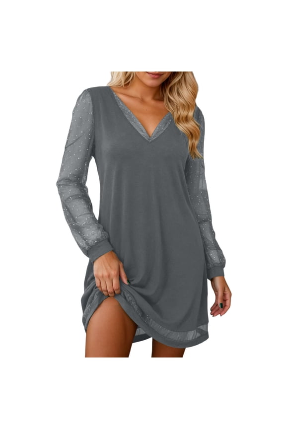 Women's Fashion Patchwork Mesh Sleeve Collar Elegant Casual Dress