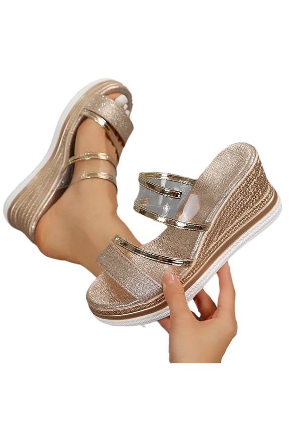 Women's Glitter Strappy Wrapped Wedge Heel Platform Sandals Comfortable Open Toe Dress Shoes Double Strap On Arch Support Beach Sandals
