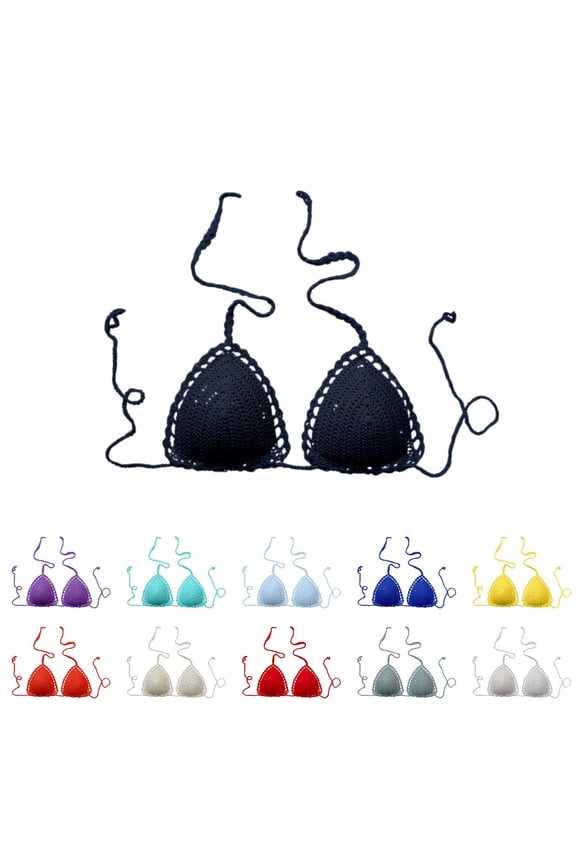 Women's Lace Halter Triangle Bikini Top Boho Chic Pearl Tie Backless Swim Tops