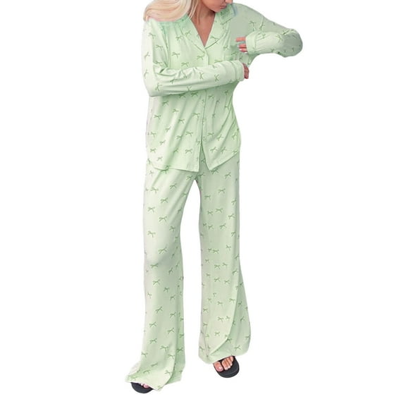 MuXiKeJi Clothes Women’s Pajamas Set Long Sleeve Button Down Pjs Sets 2 Piece Loungewear Cartoon Sleepwear Soft Sleepwear for Home