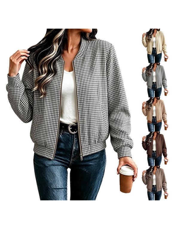 Women's Plaid Zip Up Baseball Jacket Long Sleeve Checkered Bomber Jackets Casual Outerwear with Pockets for Fall Winter Daily Wear, Street, Vacation, Travel