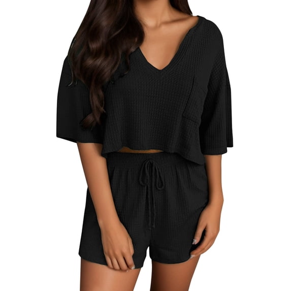 MuXiKeJi Clothes Women's Summer 2 Piece Outfits V-Shaped Lapel Tops and Drawstring Shorts Textured Lounge Vacation Sets with Pockets