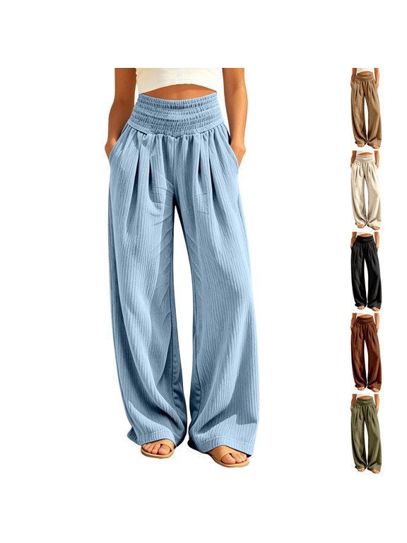 Women's Tall Wide Leg Pants Smocked High Waist Palazzo Pants with Pockets Soft ribbed fabric, wide leg drape, smocked high waist and side pockets for tall-friendly lounging