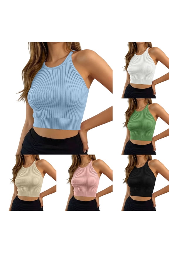 Women’s Workout Ribbed Crop Tank Top Sleeveless Racerback High Neck Top Stretchy Fitted Yoga Gym Spandex Crop Tops